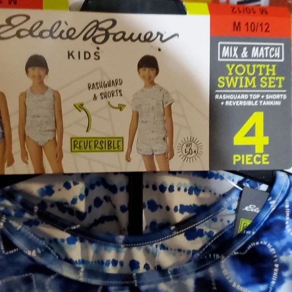 NWT Eddie Bauer Youth 4 Piece Mix & Match Reversible Swim Set Blue & Whi… - Picture 3 of 4